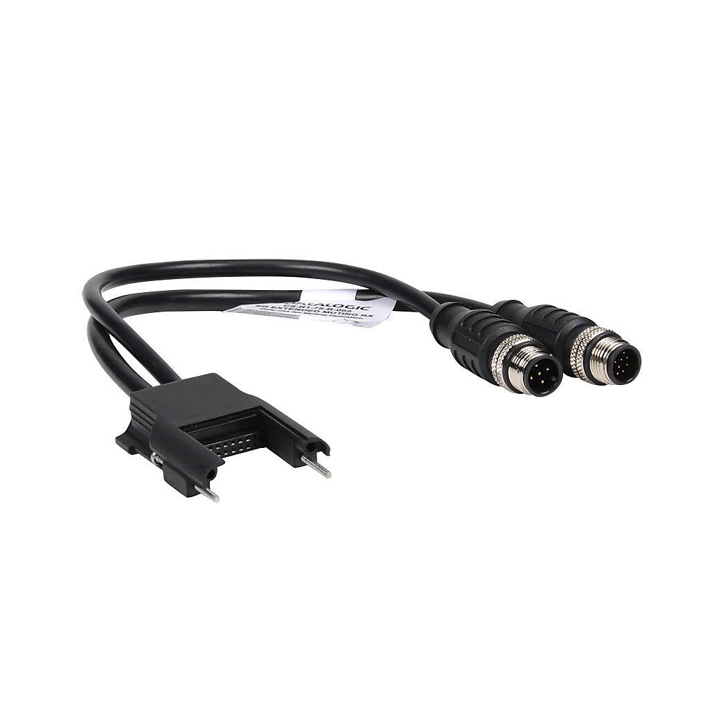 CS-R1-75-B-002 - Datalogic cable, muting, 18-pin proprietary to (1) 5-pin M12 quick-disconnect and (1) 12-pin M12 quick-disconnect, PVC, 0.6ft/0.2m cable length.