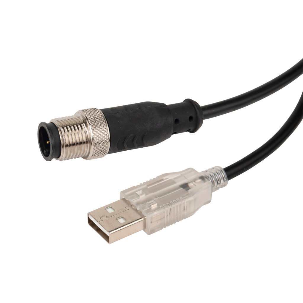 CS12USB - ReeR programming cable, USB Type A male to 5-pin M12 quick-disconnect, 5-pole, PVC jacket, black, unshielded, 6.5ft/2m cable length.