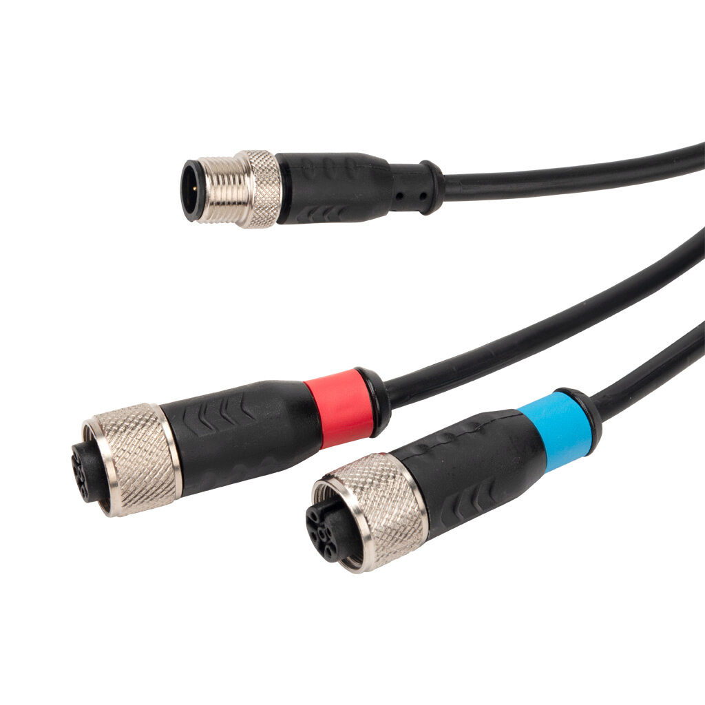 CSY12RX - ReeR muting receiver cable, 5-pin M12 quick-disconnect to (2) 5-pin M12 quick-disconnects, 5-pole, 24 VDC, PVC jacket, black, unshielded, 1.3ft/400mm cable length, IP67.