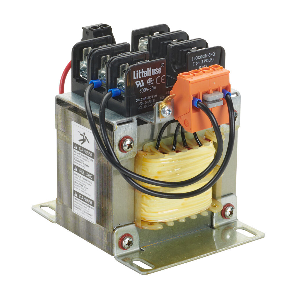 CT-025-048-12-1 - BLOCK control transformer, open core, 250 VA, 1-phase, 240/480 VAC, 120 VAC secondary, 50/60 Hz, fused, panel mount.