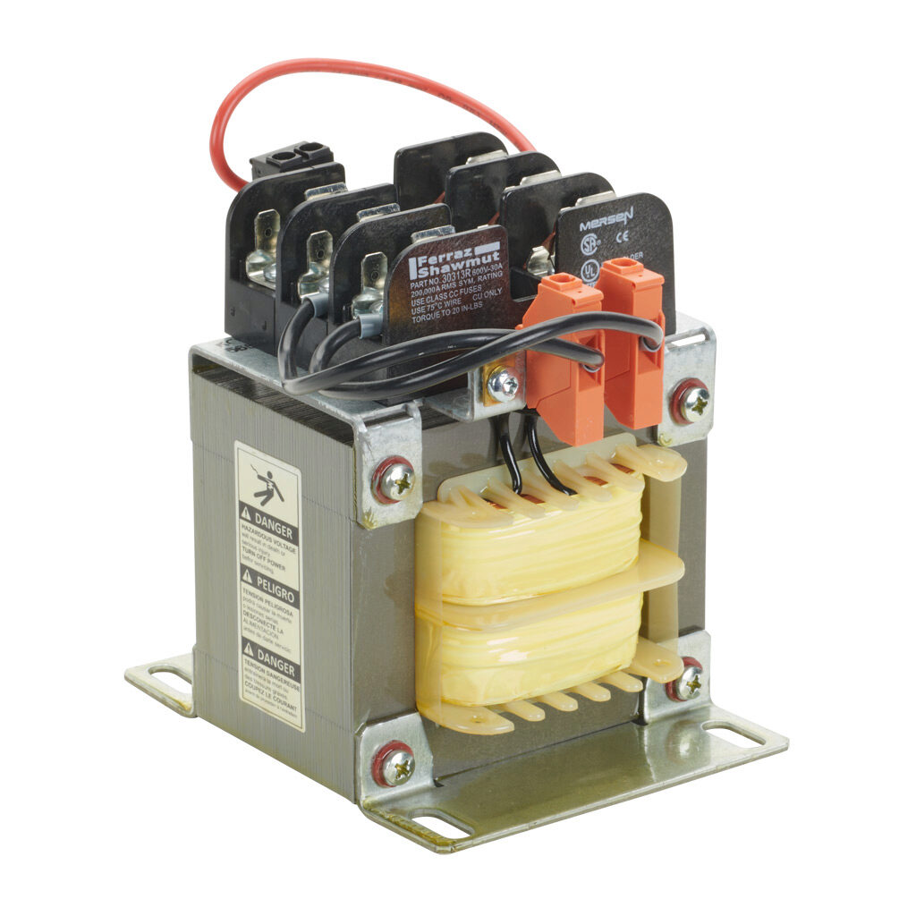CT-025-060-12-1 - BLOCK control transformer, open core, 250 VA, 1-phase, 600 VAC, 120 VAC secondary, 50/60 Hz, fused, panel mount.