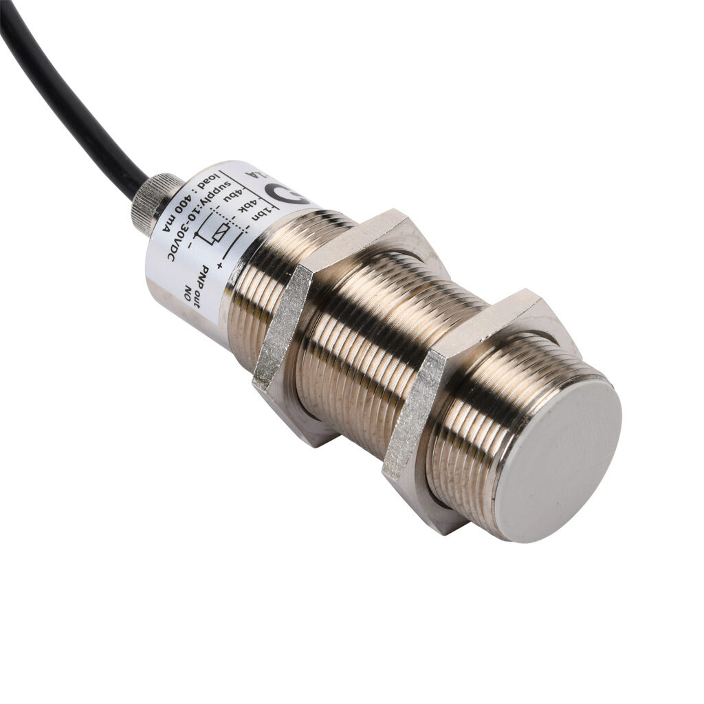CT1-AP-1A - Micro Detectors capacitive proximity sensor, tubular, 30mm diameter x 71mm body, nickel-plated brass housing, PNP, N.O. output, 15mm sensing distance, flush, 100 Hz switching frequency, IP65, pigtail.
