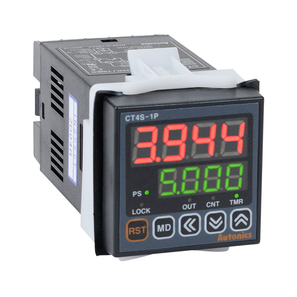 CT4S-1P2 - Autonics multi-function digital counter/timer, 0.001 seconds to 9,999 hours selectable, 24 VAC/24-48 VDC, (1) concurrent NPN transistor and SPDT relay output(s), 1/16 DIN mount.
