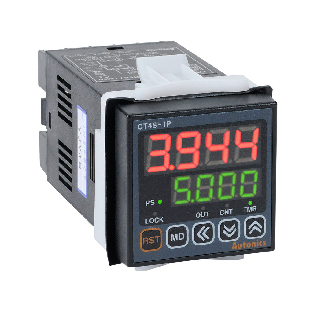 CT4S-1P4 - Autonics multi-function digital counter/timer, 0.001 seconds to 9,999 hours selectable, 100-240 VAC, (1) concurrent NPN transistor and SPDT relay output(s), 1/16 DIN mount.
