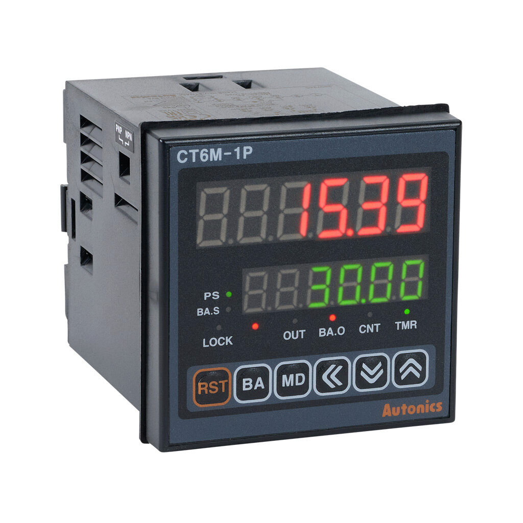 CT6M-1P2T - Autonics multi-function digital counter/timer, 0.001 seconds to 99,999.9 hours selectable, 24 VAC/24-48 VDC, (1) RS-485 (2-pin terminal) port(s), (1) concurrent NPN transistor and SPDT relay and (1) NPN transistor output(s), 9/64 DIN m...