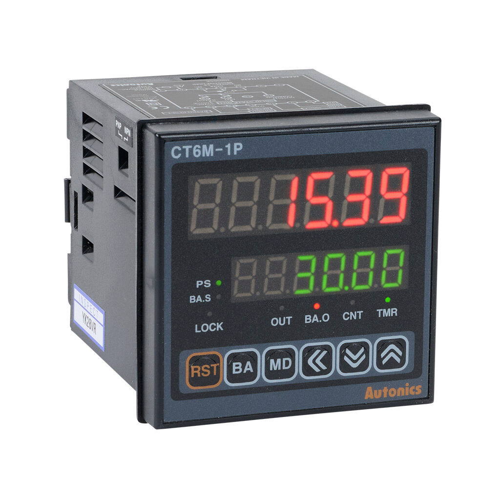 CT6M-1P4 - Autonics multi-function digital counter/timer, 0.001 seconds to 99,999.9 hours selectable, 100-240 VAC, (1) concurrent NPN transistor and SPDT relay and (1) NPN transistor output(s), 9/64 DIN mount.