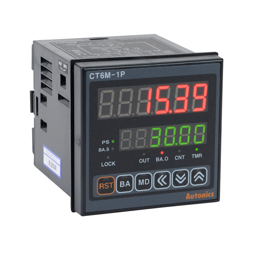 CT6M-1P4T - Autonics multi-function digital counter/timer, 0.001 seconds to 99,999.9 hours selectable, 100-240 VAC, (1) RS-485 (2-pin terminal) port(s), (1) concurrent NPN transistor and SPDT relay and (1) NPN transistor output(s), 9/64 DIN mount.