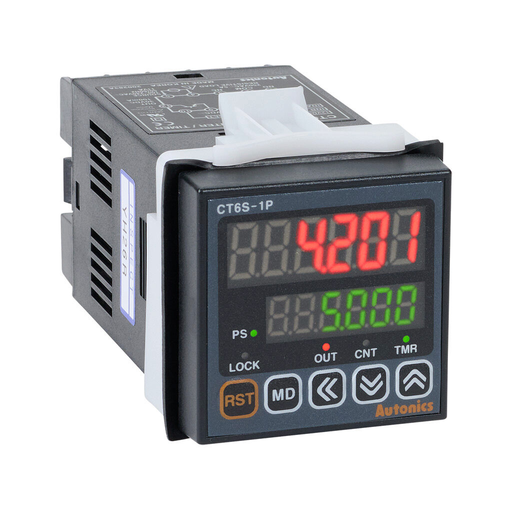 CT6S-1P4 - Autonics multi-function digital counter/timer, 0.001 seconds to 99,999.9 hours selectable, 100-240 VAC, (1) concurrent NPN transistor and SPDT relay output(s), 1/16 DIN mount.