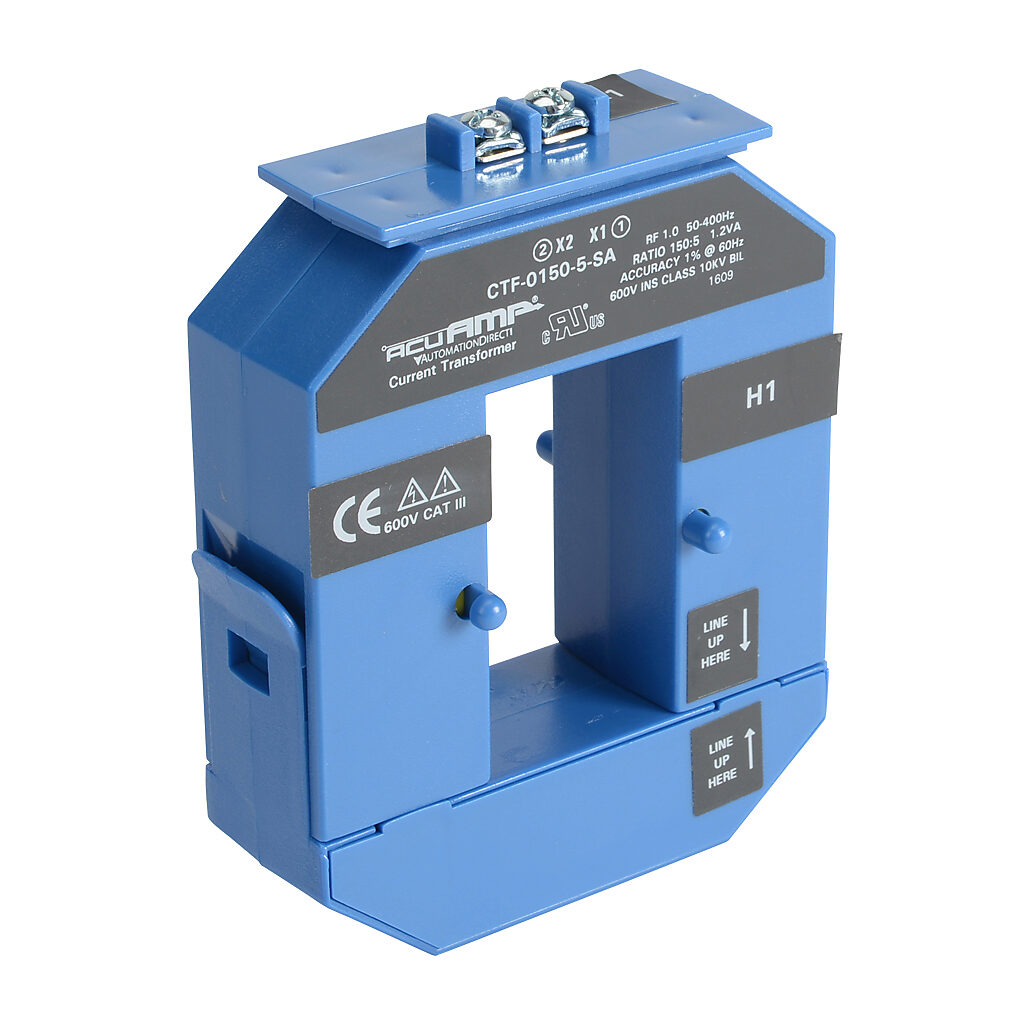 CTF-0150-5-SA - AcuAMP AC current transformer, split core, 150A primary, 5A secondary, 1.19 x 2.22in sensing window, 1.5% accuracy, screw terminal.