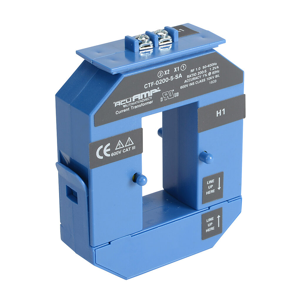 CTF-0200-5-SA - AcuAMP AC current transformer, split core, 200A primary, 5A secondary, 1.19 x 2.22in sensing window, 1% accuracy, screw terminal.