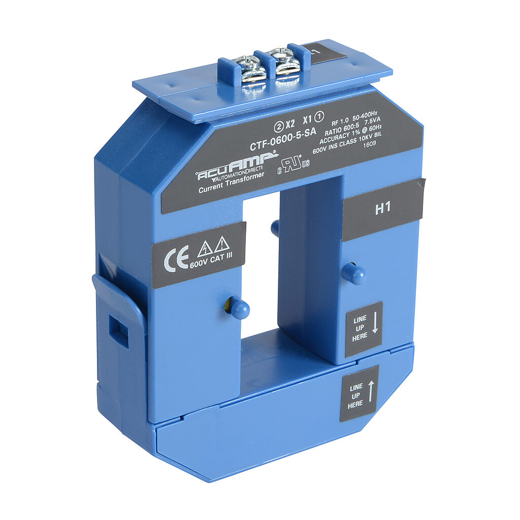 CTF-0600-5-SA - AcuAMP AC current transformer, split core, 600A primary, 5A secondary, 1.19 x 2.22in sensing window, 1% accuracy, screw terminal.