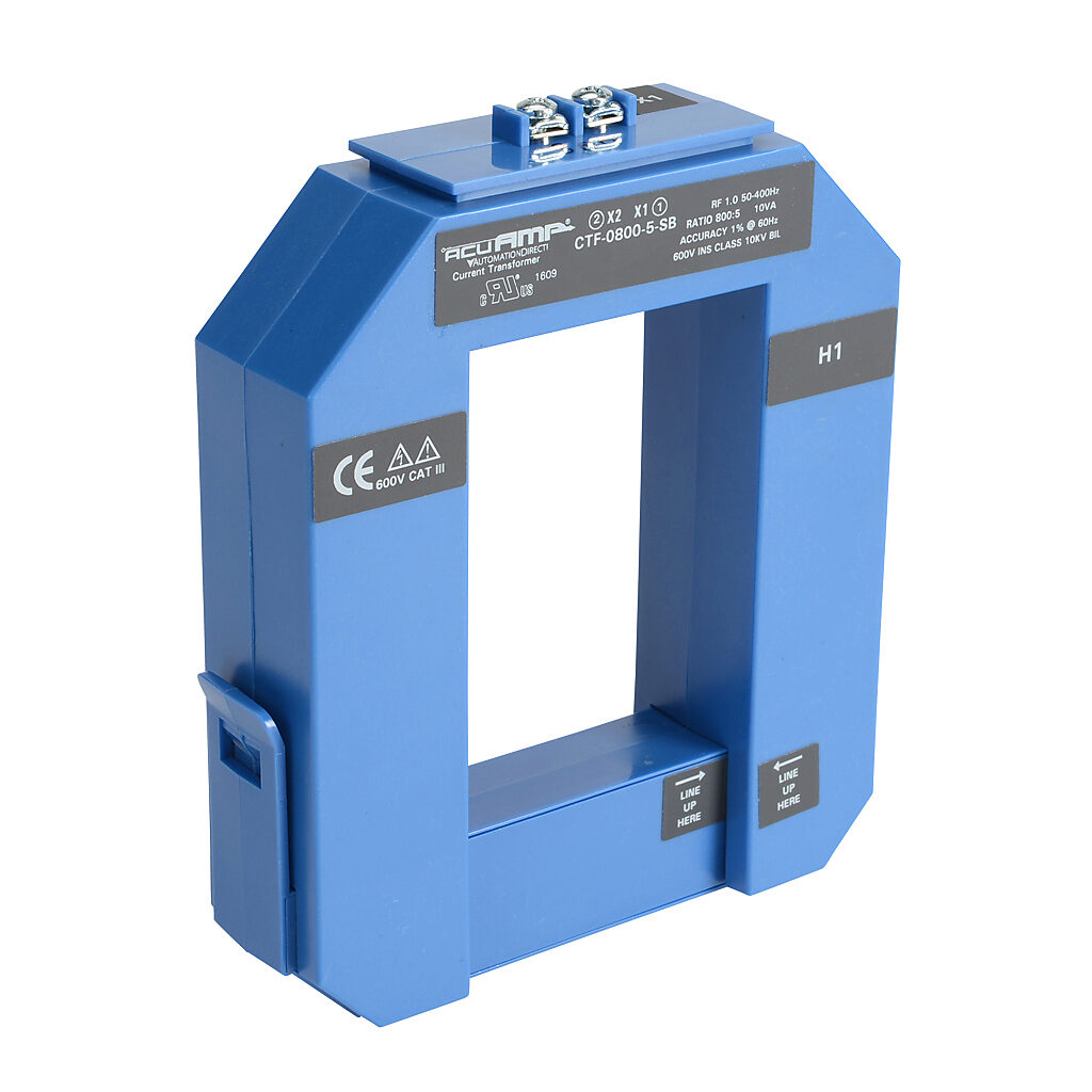 CTF-0800-5-SB - AcuAMP AC current transformer, split core, 800A primary, 5A secondary, 2.36 x 3.49in sensing window, 1% accuracy, screw terminal.