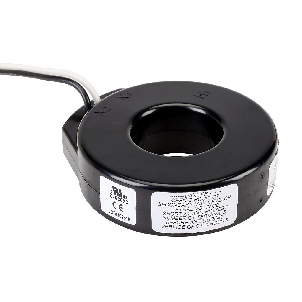 CTF-5RL-0100 - AcuAMP AC current transformer, solid core, 100A primary, 5A secondary, 1.56in diameter sensing window, 2% accuracy, (2) 24in 16AWG lead wires.