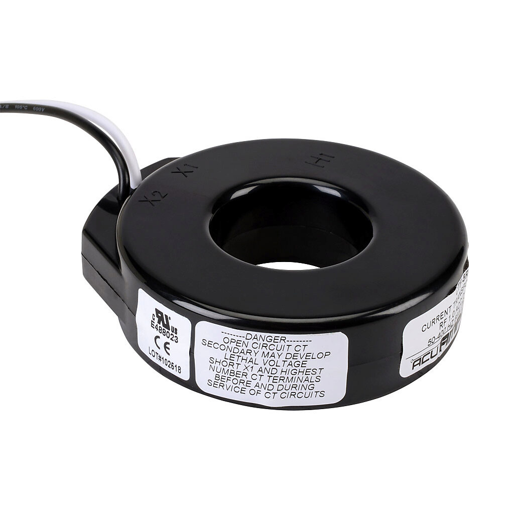 CTF-5RL-0150 - AcuAMP AC current transformer, solid core, 150A primary, 5A secondary, 1.56in diameter sensing window, 1% accuracy, (2) 24in 16AWG lead wires.