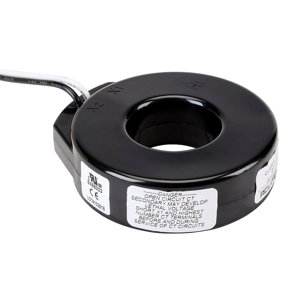 CTF-5RL-0400 - AcuAMP AC current transformer, solid core, 400A primary, 5A secondary, 1.56in diameter sensing window, 1% accuracy, (2) 24in 16AWG lead wires.