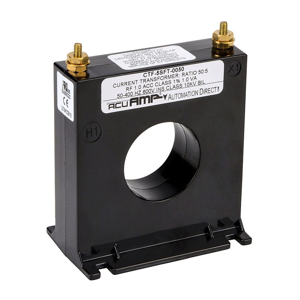 CTF-5SFT-0050 - AcuAMP AC current transformer, solid core, 50A primary, 5A secondary, 1.56in diameter sensing window, 2% accuracy, M4 x 0.7 threaded terminal stud with nut.