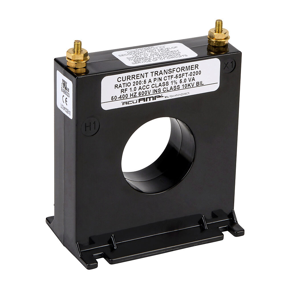 CTF-5SFT-0200 - AcuAMP AC current transformer, solid core, 200A primary, 5A secondary, 1.56in diameter sensing window, 1% accuracy, M4 x 0.7 threaded terminal stud with nut.