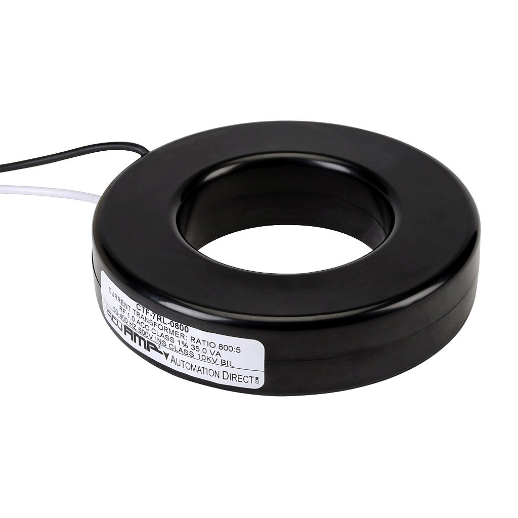 CTF-7RL-0800 - AcuAMP AC current transformer, solid core, 800A primary, 5A secondary, 2.5in diameter sensing window, 1% accuracy, (2) 24in 16AWG lead wires.