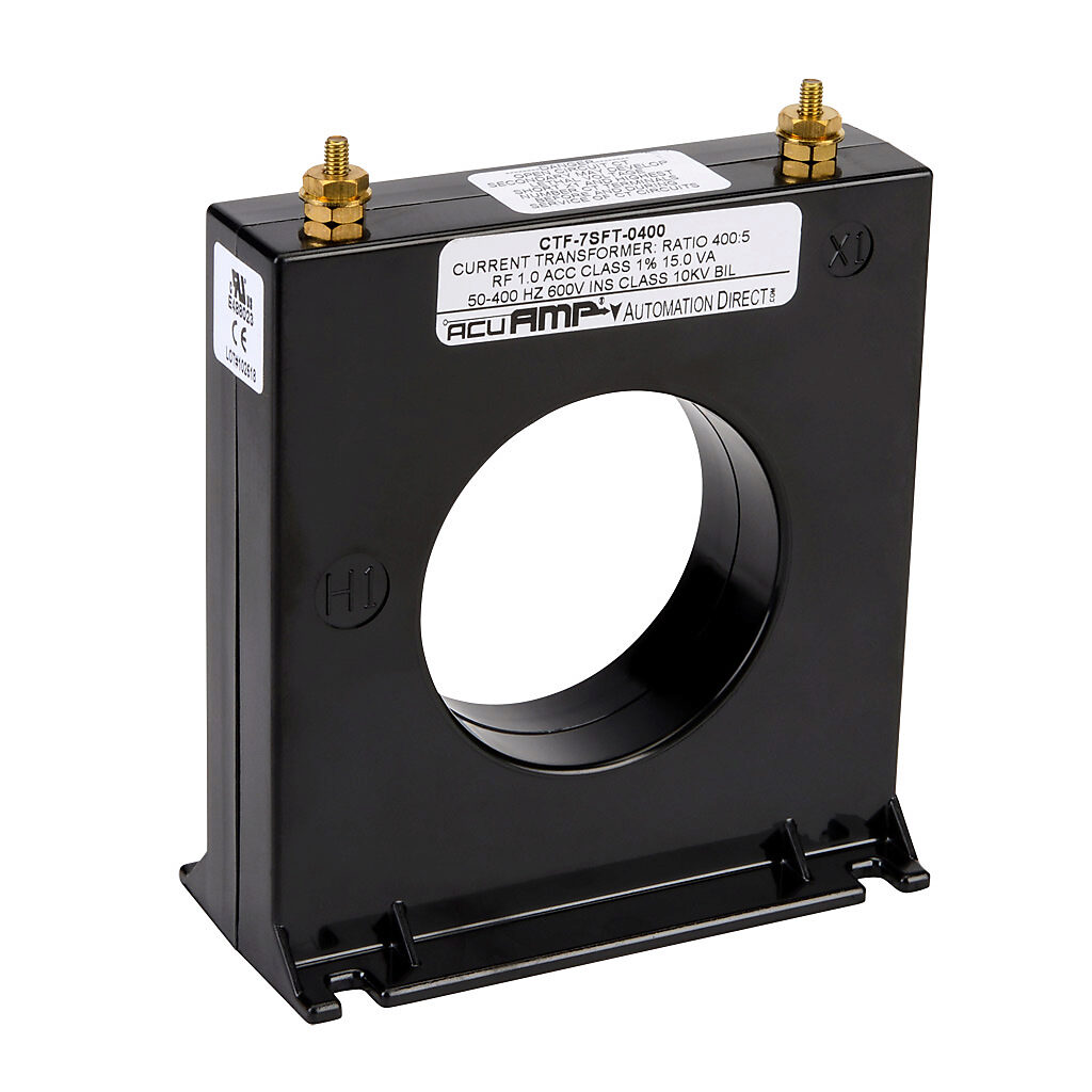 CTF-7SFT-0400 - AcuAMP AC current transformer, solid core, 400A primary, 5A secondary, 2.5in diameter sensing window, 1% accuracy, M4 x 0.7 threaded terminal stud with nut.