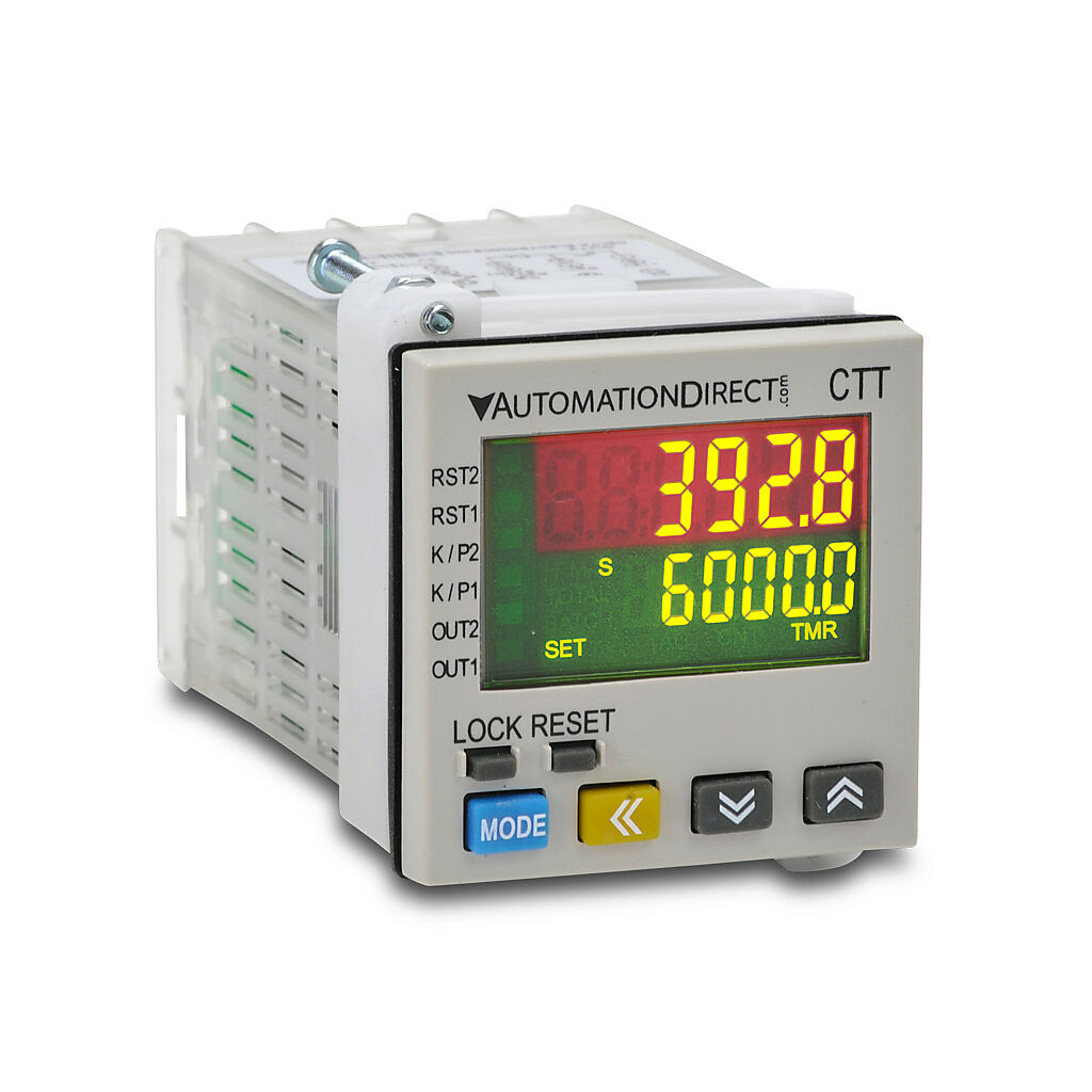 CTT-AN-A120 - AutomationDirect multi-function digital counter/timer/tachometer, two-line, 6-digit, two-color LCD, fully selectable timing range, 100-240 VAC operating voltage, (1) concurrent NPN transistor and SPST relay and (1) NPN transistor out...