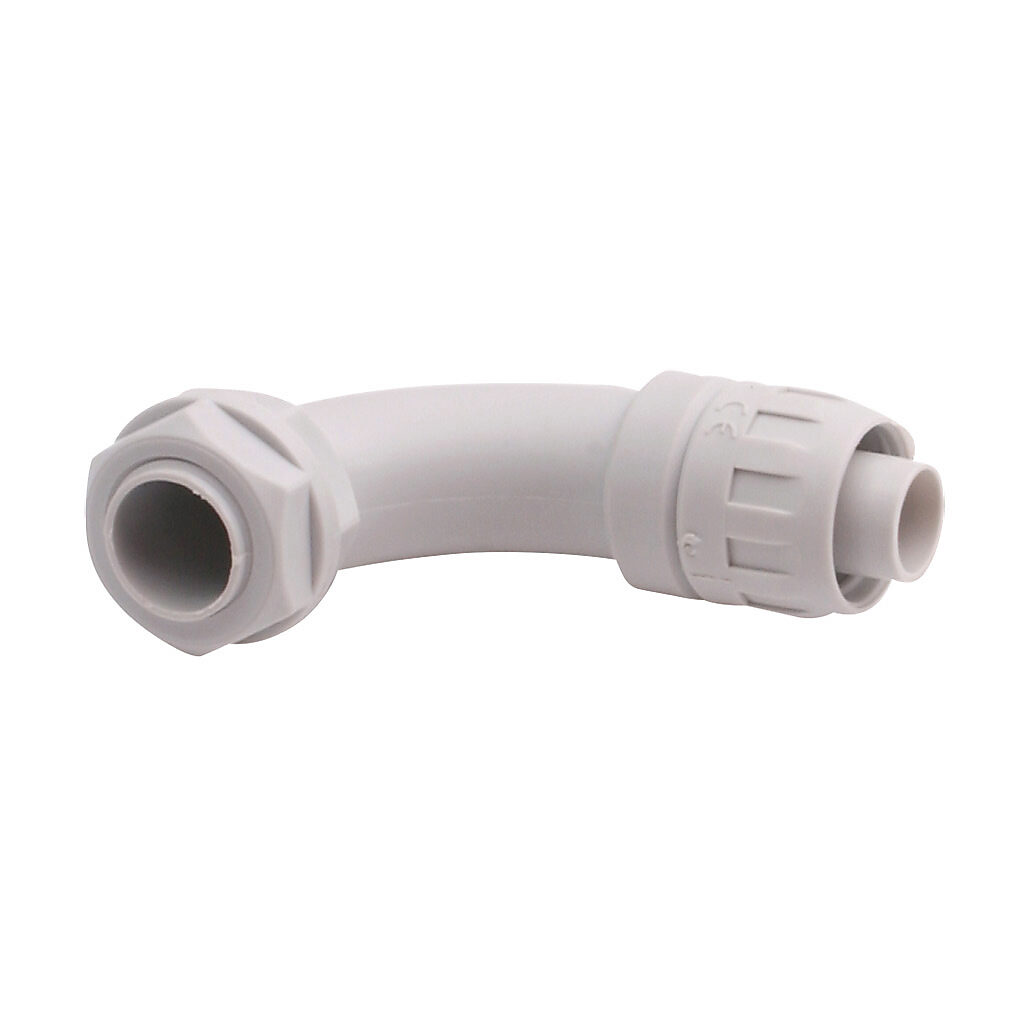 CUR-12G - Iboco CUR fitting, 90-degree, compression, 3/8in tubing size, G3/8 BSPP male thread, insulated, gray. Package of 25. For use with I-Flex electrical tubing. Seal gaskets included.