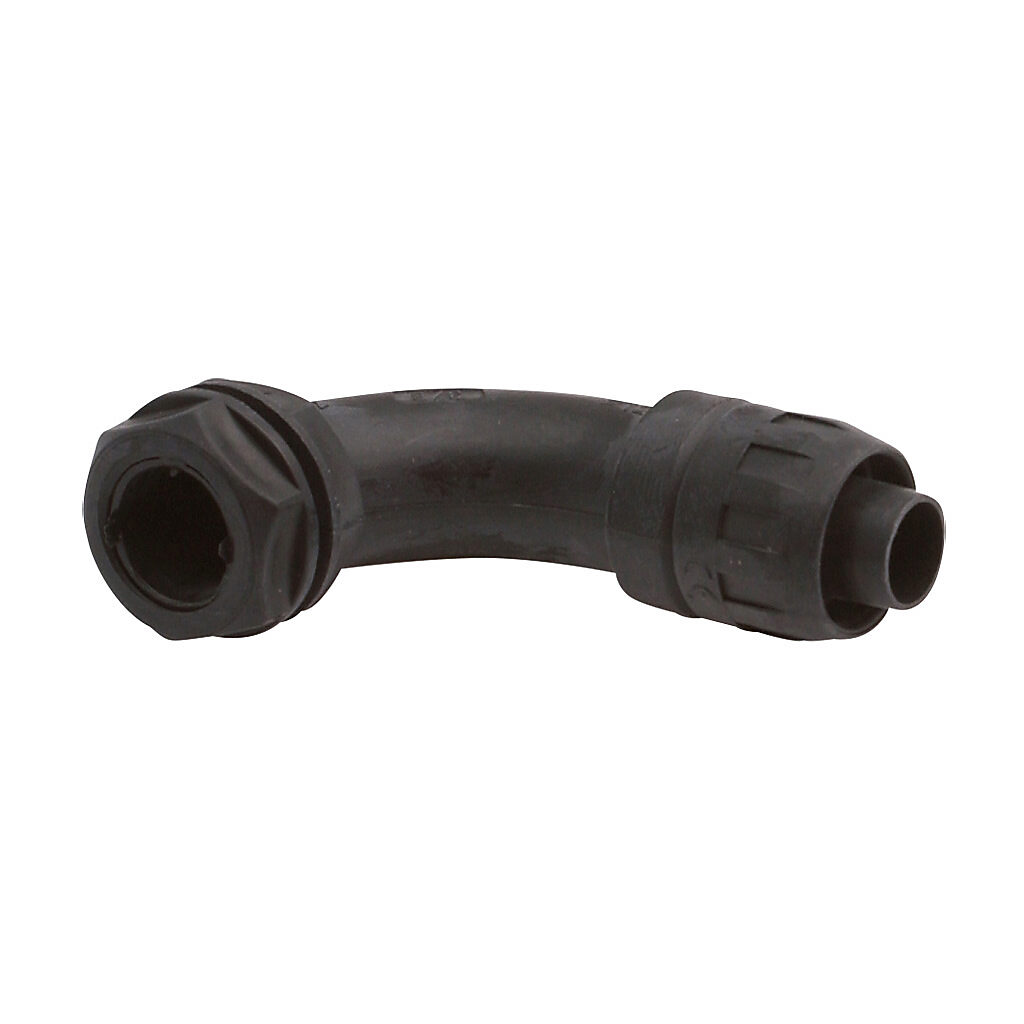 CUR-12K - Iboco CUR fitting, 90-degree, compression, 3/8in tubing size, G3/8 BSPP male thread, insulated, black. Package of 25. For use with I-Flex electrical tubing. Seal gaskets included.