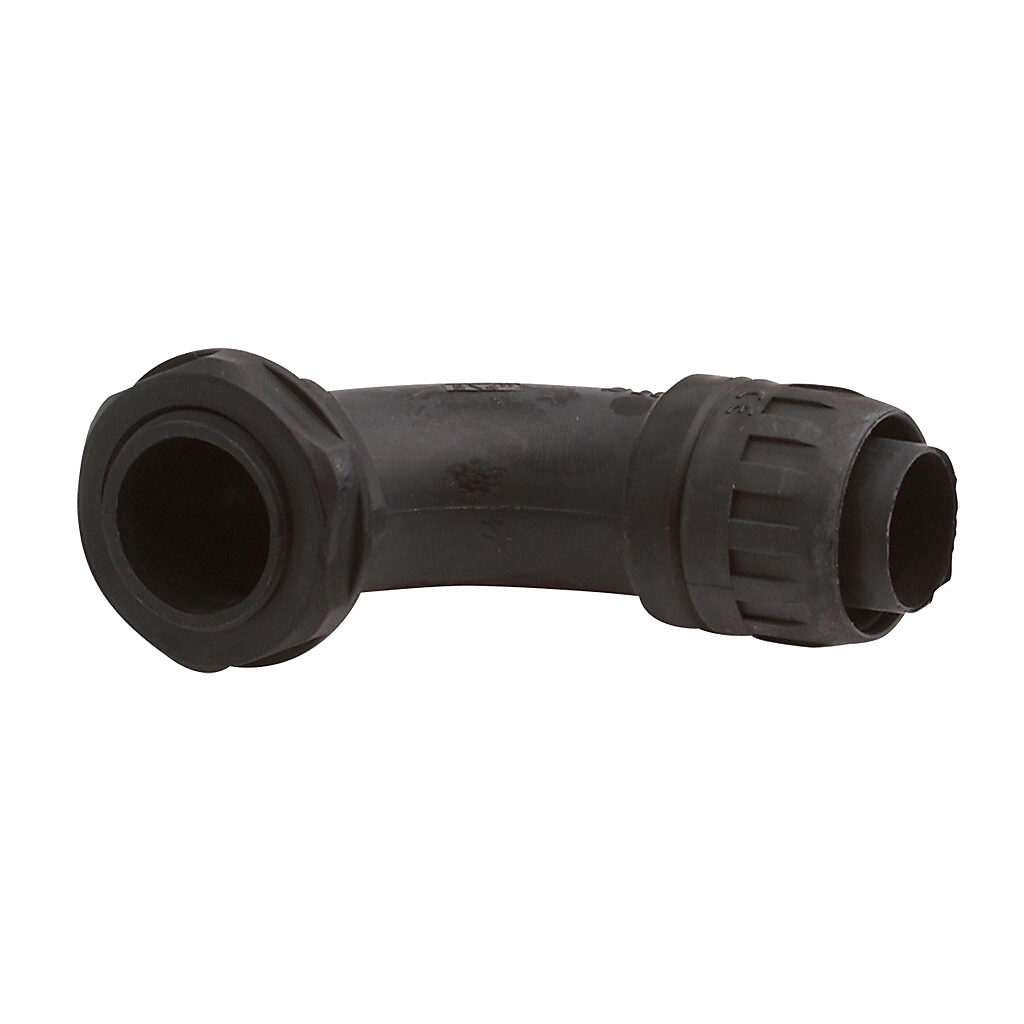 CUR-20K - Iboco CUR fitting, 90-degree, compression, 3/4in tubing size, G3/4 BSPP male thread, insulated, black. Package of 15. For use with I-Flex electrical tubing. Seal gaskets included.