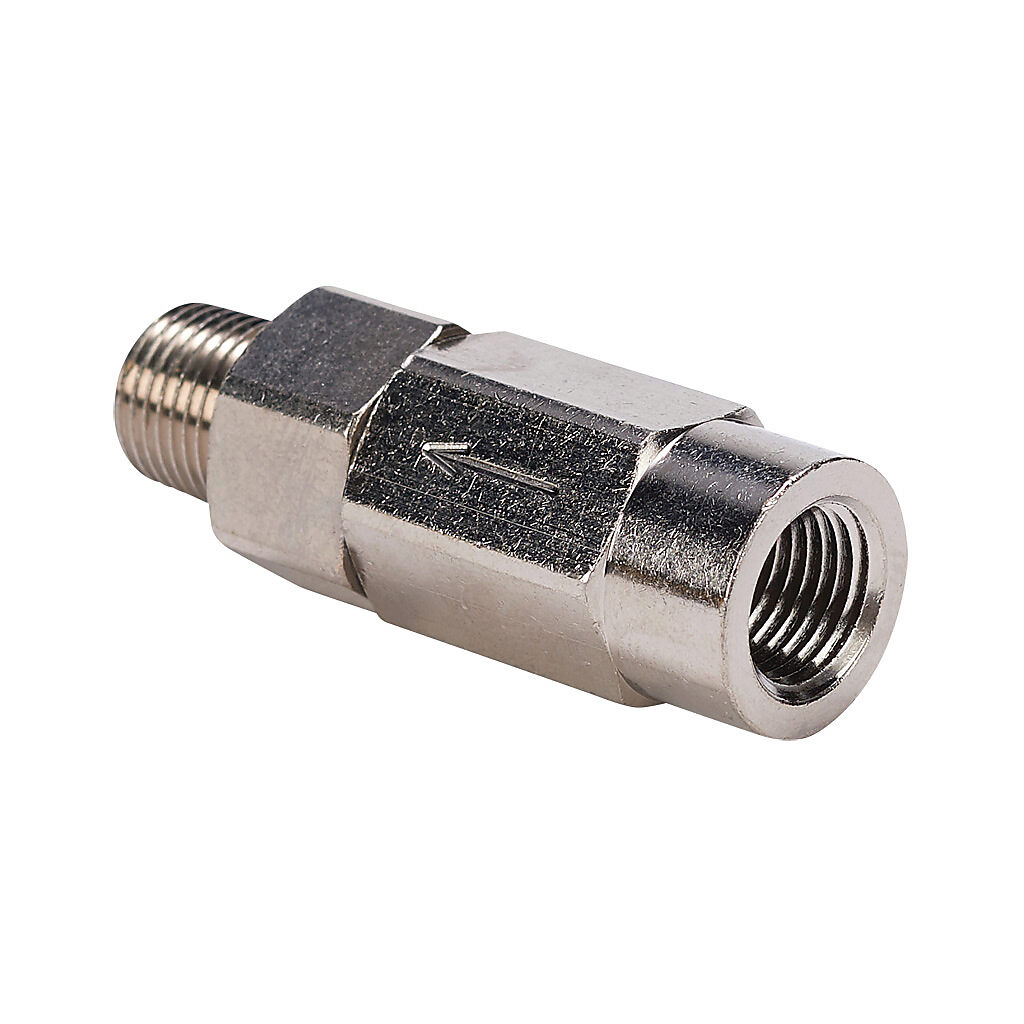 CVF18N-M18N - NITRA pneumatic threaded fitting, check valve, nickel-plated brass body, nickel-plated brass threads, (1) 1/8in female NPT to (1) 1/8in male NPT.