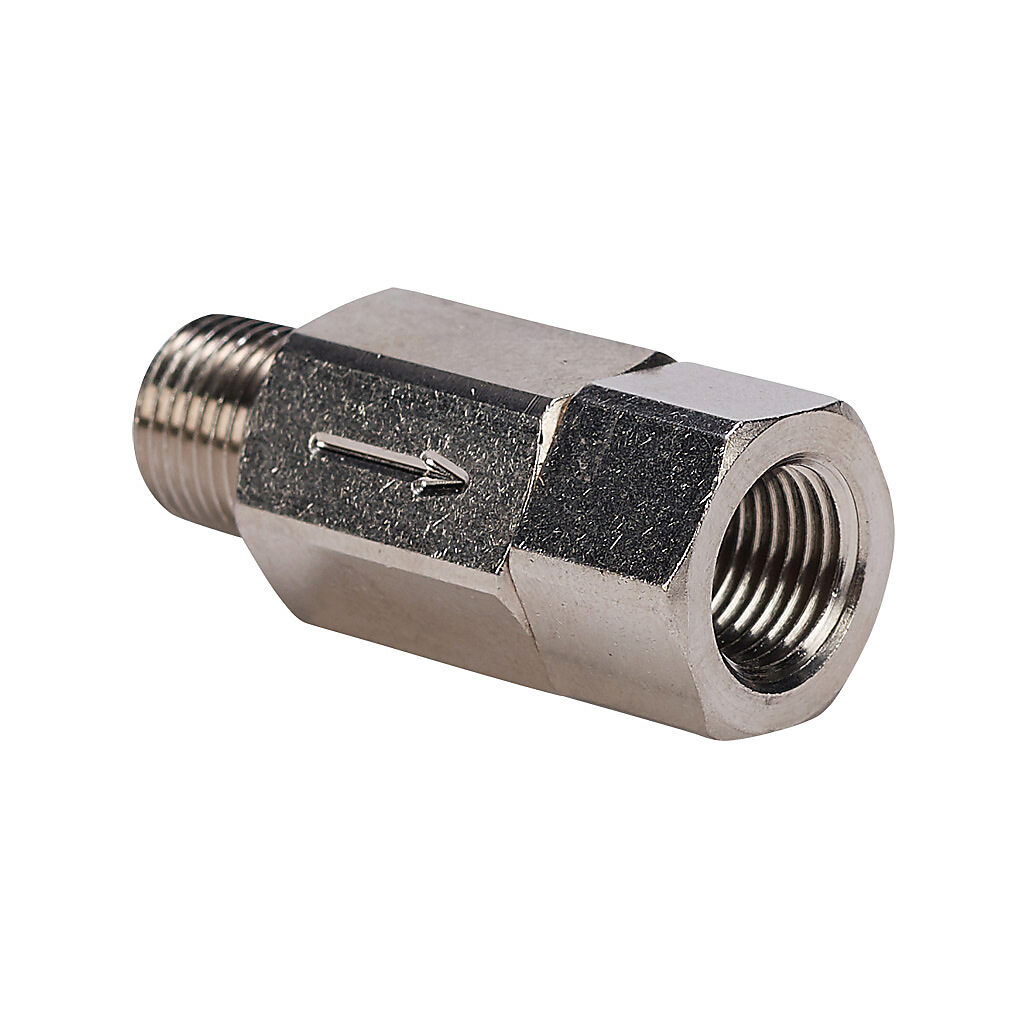CVM18N-F18N - NITRA pneumatic threaded fitting, check valve, nickel-plated brass body, nickel-plated brass threads, (1) 1/8in male NPT to (1) 1/8in female NPT.