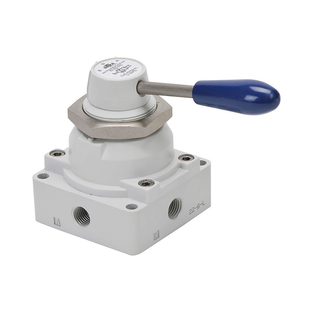 CVR-437D2-HL - NITRA pneumatic manual valve, 4-port (4-way), 2-position, 4in handle, detented, 1/4in female NPT inlet(s), 1/4in female NPT outlet(s), Cv=0.89, through panel mount.