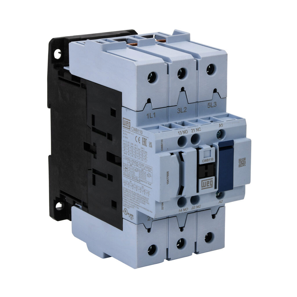 CWB110-11-30D77 - WEG Electric CWB series IEC contactor, 110A, (3) N.O. power poles, (1) N.O./(1) N.C. auxiliary contacts, 208 VAC (50/60Hz) coil voltage.