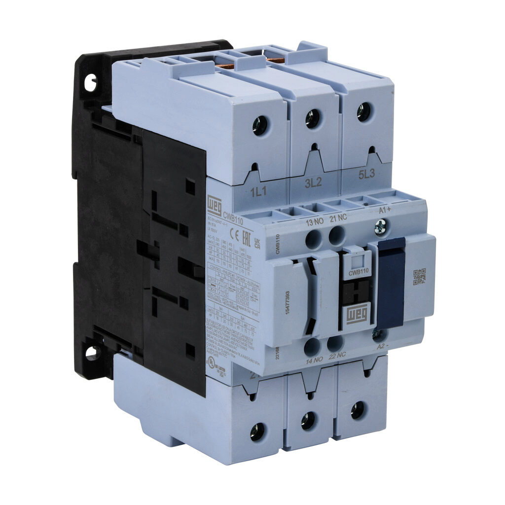 CWB110-11-30E04 - WEG Electric CWB series IEC contactor, 110A, (3) N.O. power poles, (1) N.O./(1) N.C. auxiliary contacts, 24-60 VAC/VDC coil voltage, electronic.