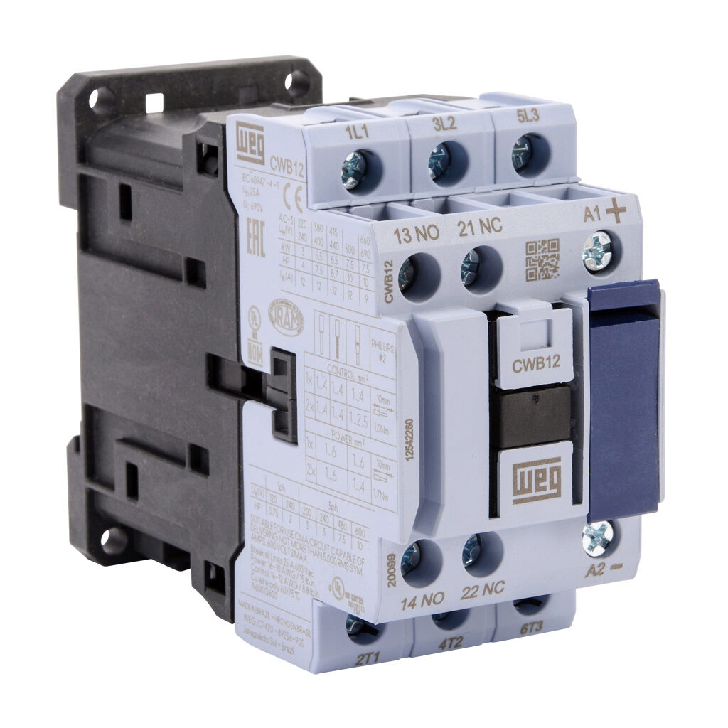 CWB12-11-30C03 - WEG Electric CWB series IEC contactor, 12A, (3) N.O. power poles, (1) N.O./(1) N.C. auxiliary contacts, 24 VDC coil voltage.