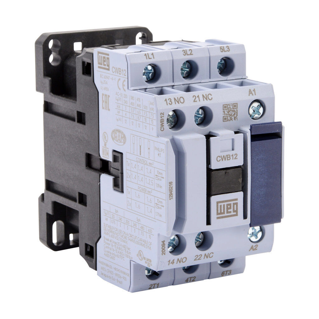CWB12-11-30D15 - WEG Electric CWB series IEC contactor, 12A, (3) N.O. power poles, (1) N.O./(1) N.C. auxiliary contacts, 120 VAC (50/60Hz) coil voltage.