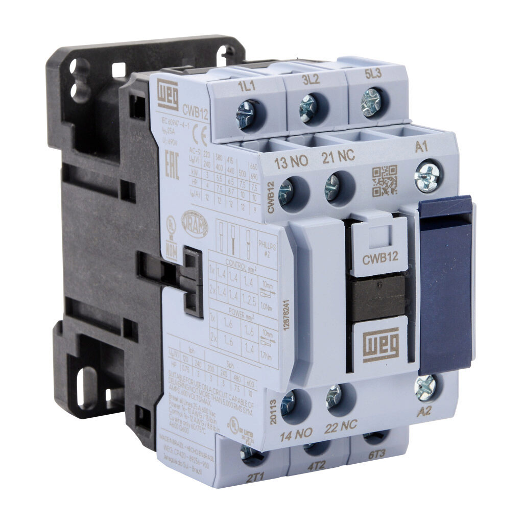 CWB12-11-30D39 - WEG Electric CWB series IEC contactor, 12A, (3) N.O. power poles, (1) N.O./(1) N.C. auxiliary contacts, 480 VAC (50/60Hz) coil voltage.