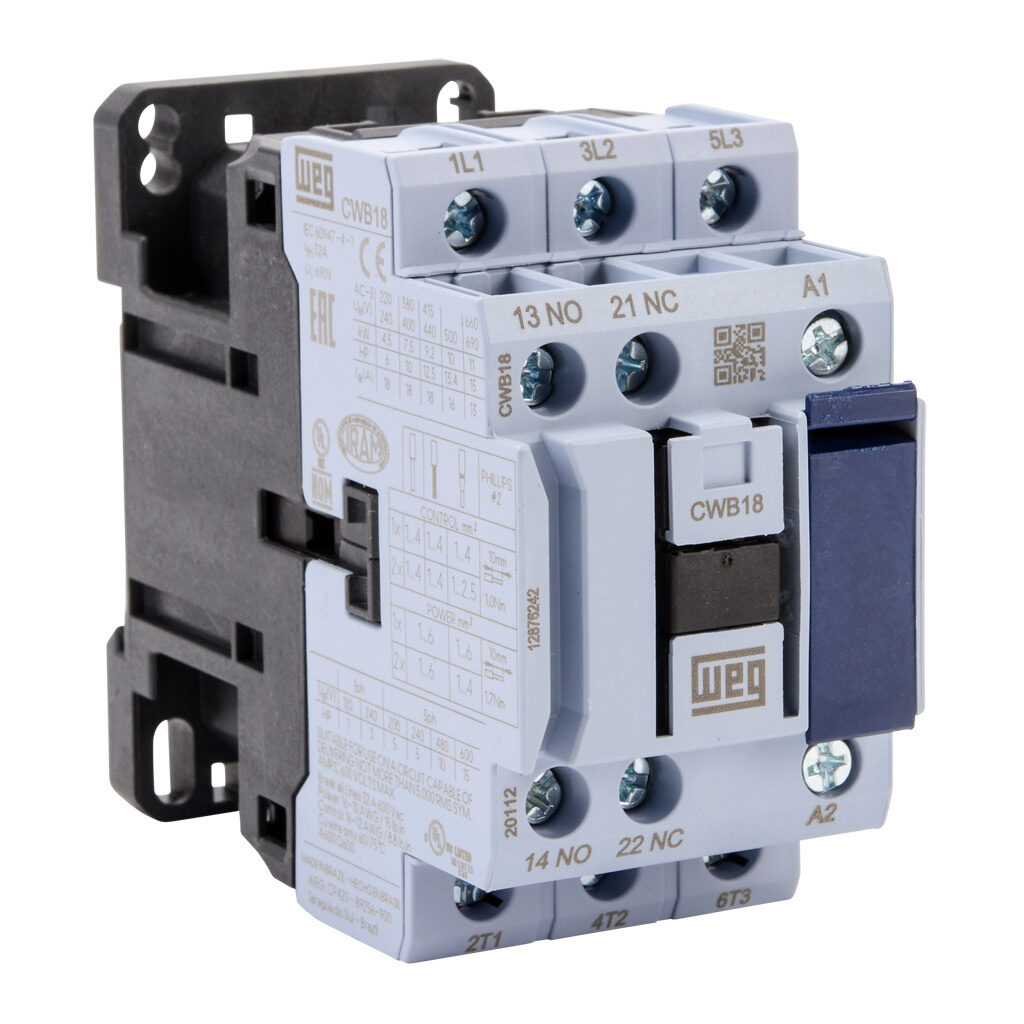 CWB18-11-30D39 - WEG Electric CWB series IEC contactor, 18A, (3) N.O. power poles, (1) N.O./(1) N.C. auxiliary contacts, 480 VAC (50/60Hz) coil voltage.