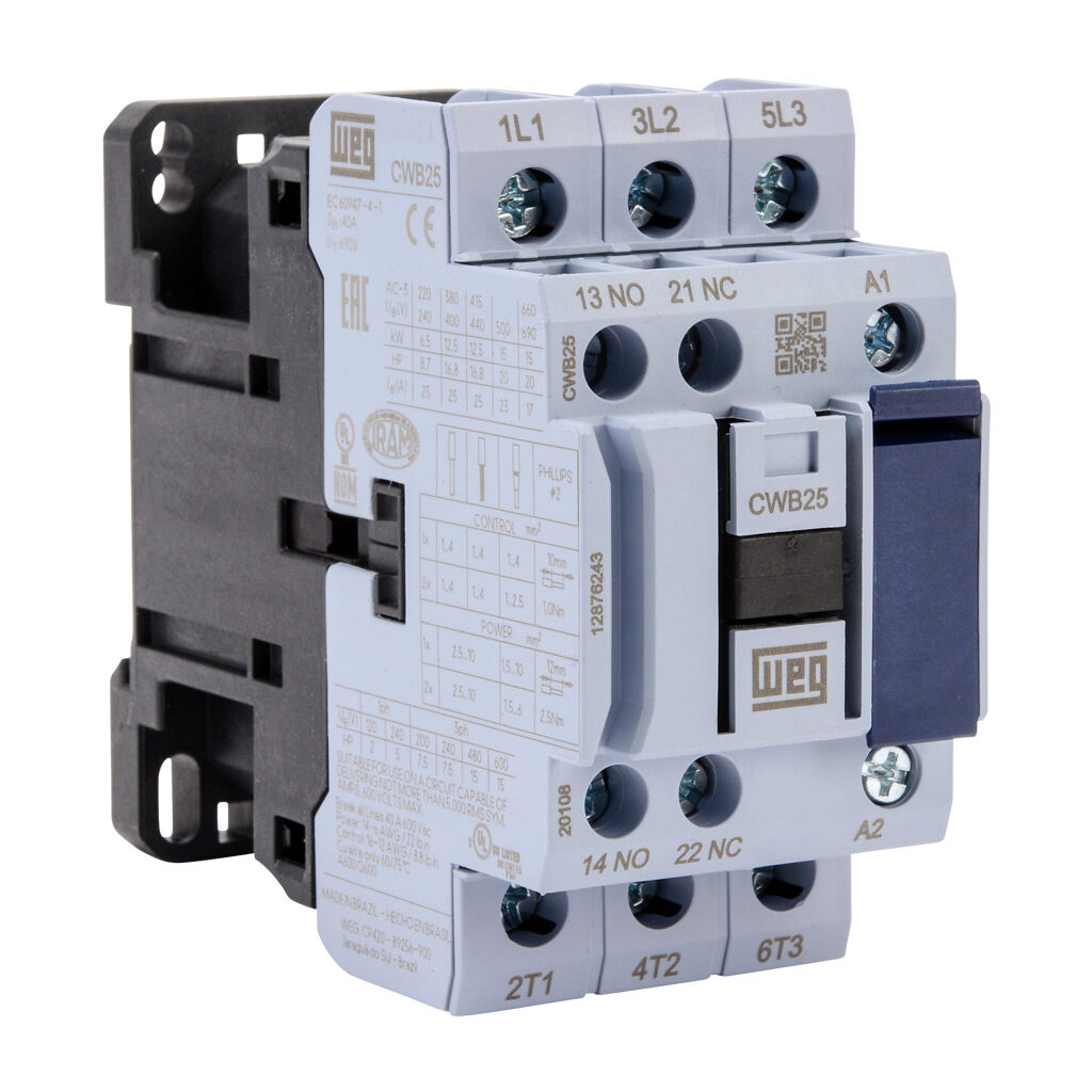 CWB25-11-30D39 - WEG Electric CWB series IEC contactor, 25A, (3) N.O. power poles, (1) N.O./(1) N.C. auxiliary contacts, 480 VAC (50/60Hz) coil voltage.