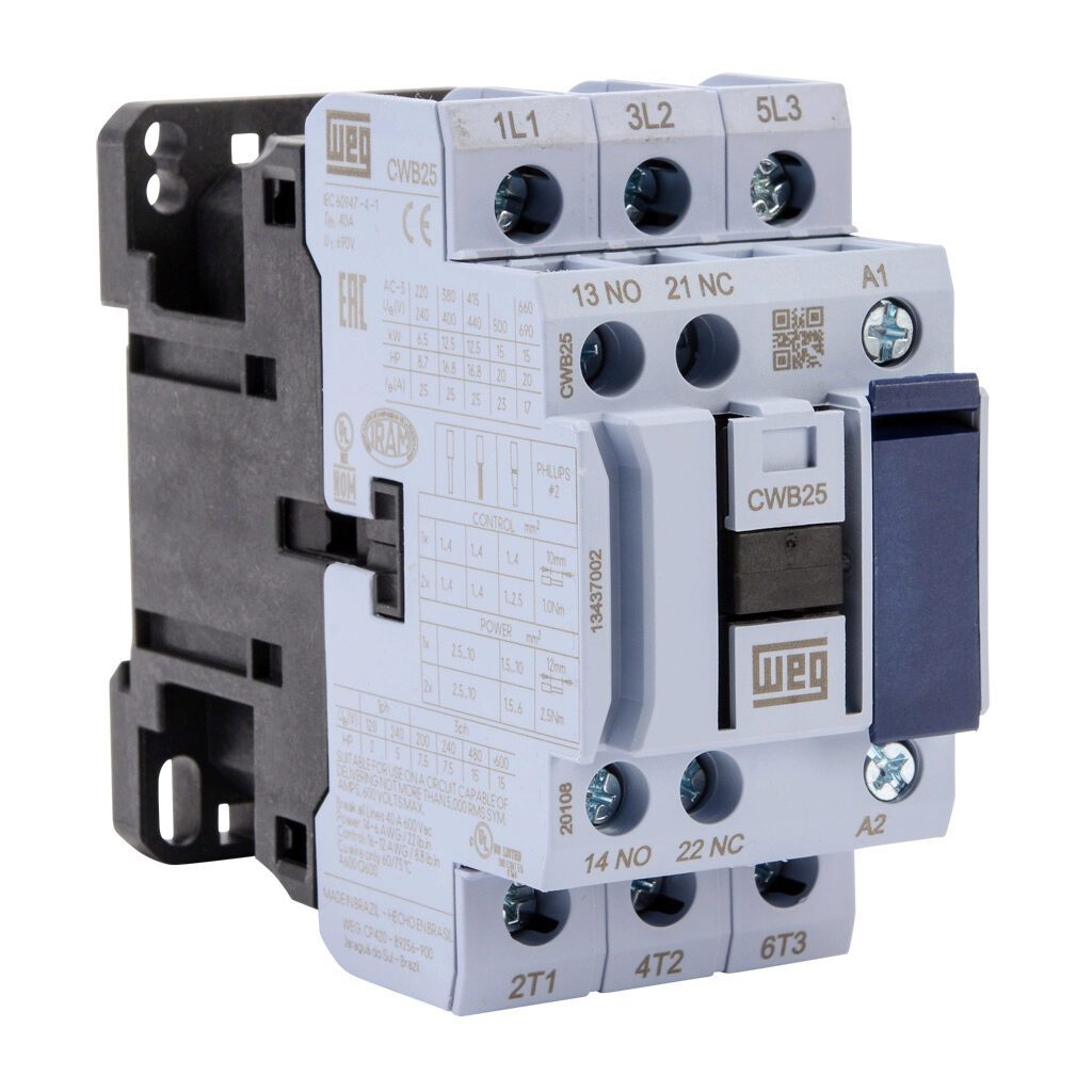 CWB25-11-30V24 - WEG Electric CWB series IEC contactor, 25A, (3) N.O. power poles, (1) N.O./(1) N.C. auxiliary contacts, 208-240 VAC (60Hz)/180-208 VAC (50Hz) coil voltage.