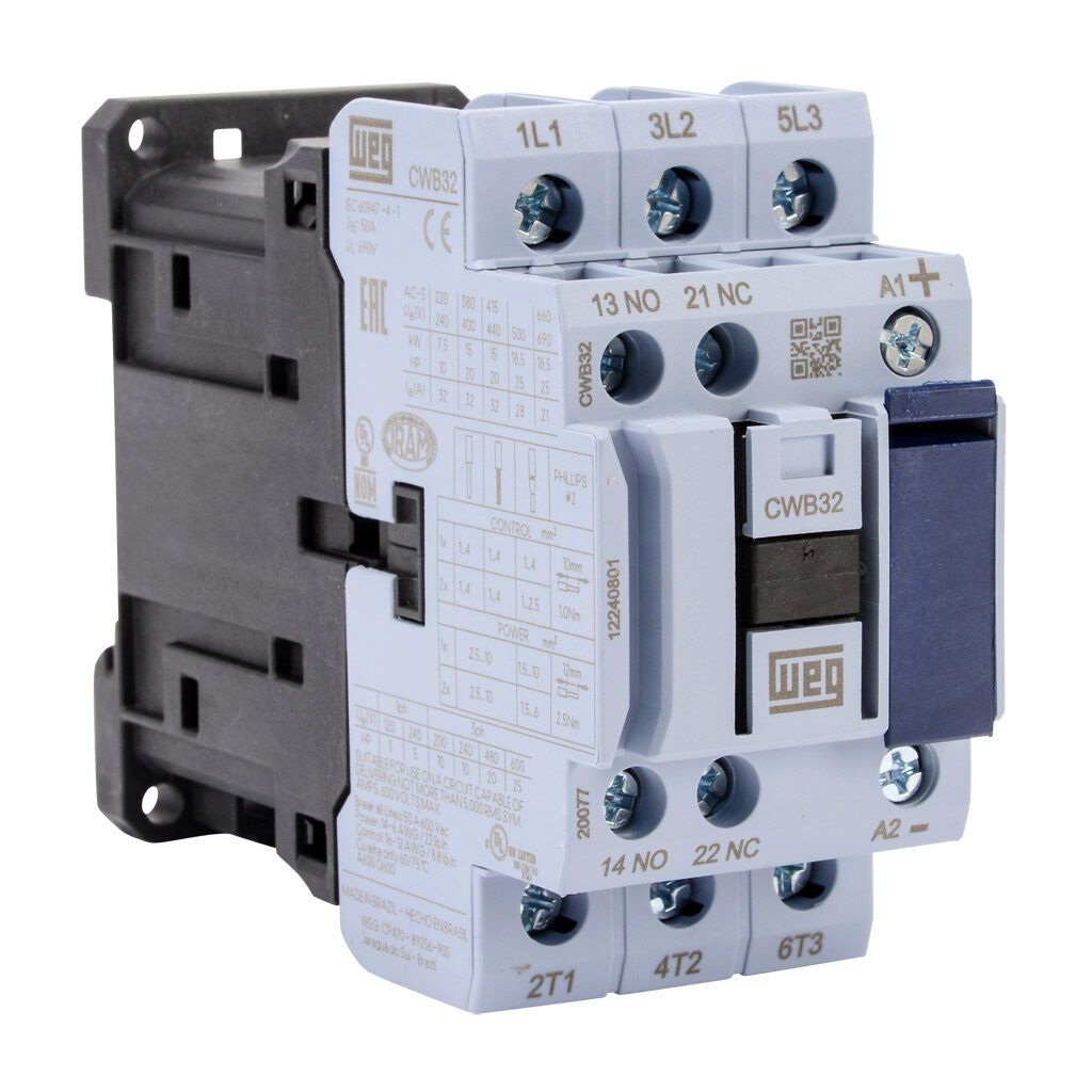 CWB32-11-30C03 - WEG Electric CWB series IEC contactor, 32A, (3) N.O. power poles, (1) N.O./(1) N.C. auxiliary contacts, 24 VDC coil voltage.
