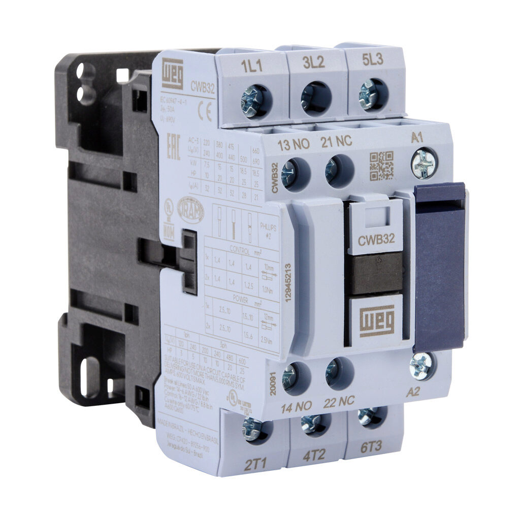 CWB32-11-30D15 - WEG Electric CWB series IEC contactor, 32A, (3) N.O. power poles, (1) N.O./(1) N.C. auxiliary contacts, 120 VAC (50/60Hz) coil voltage.