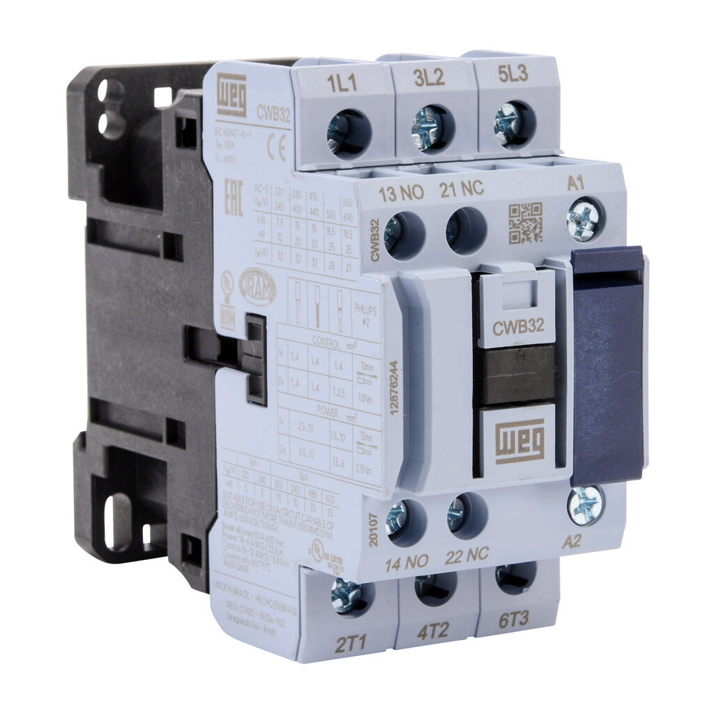 CWB32-11-30D39 - WEG Electric CWB series IEC contactor, 32A, (3) N.O. power poles, (1) N.O./(1) N.C. auxiliary contacts, 480 VAC (50/60Hz) coil voltage.