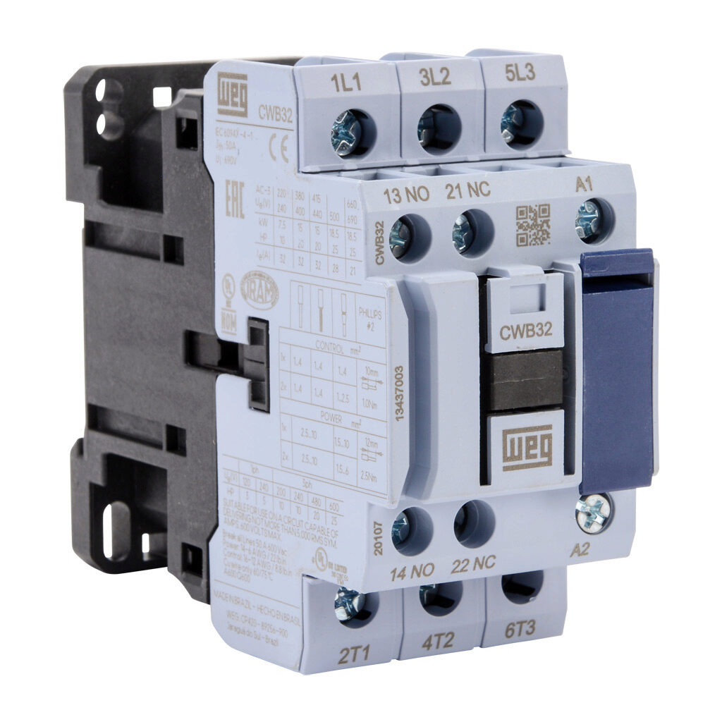 CWB32-11-30V24 - WEG Electric CWB series IEC contactor, 32A, (3) N.O. power poles, (1) N.O./(1) N.C. auxiliary contacts, 208-240 VAC (60Hz)/180-208 VAC (50Hz) coil voltage.