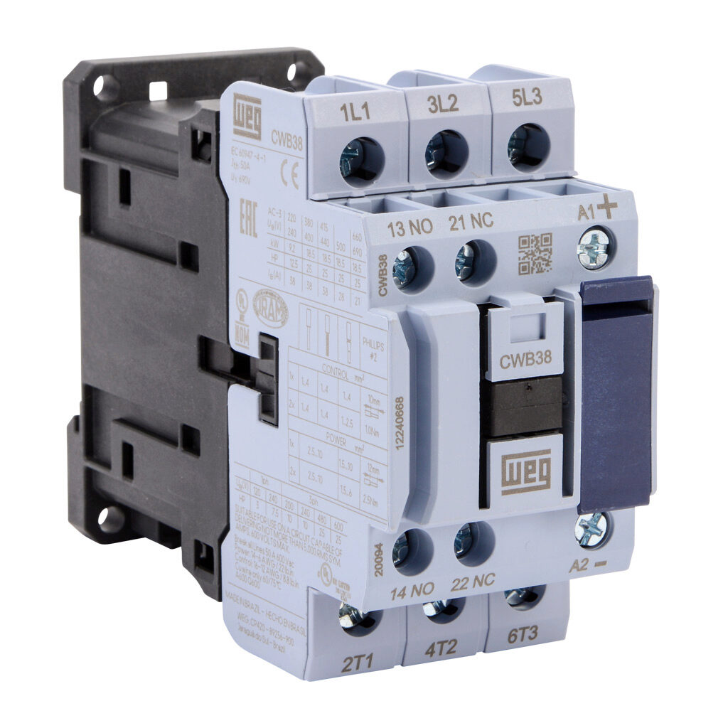 CWB38-11-30C03 - WEG Electric CWB series IEC contactor, 38A, (3) N.O. power poles, (1) N.O./(1) N.C. auxiliary contacts, 24 VDC coil voltage.