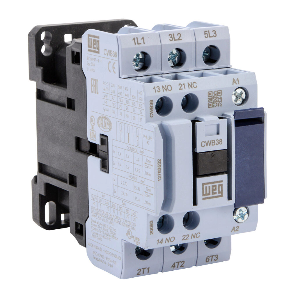 CWB38-11-30D15 - WEG Electric CWB series IEC contactor, 38A, (3) N.O. power poles, (1) N.O./(1) N.C. auxiliary contacts, 120 VAC (50/60Hz) coil voltage.