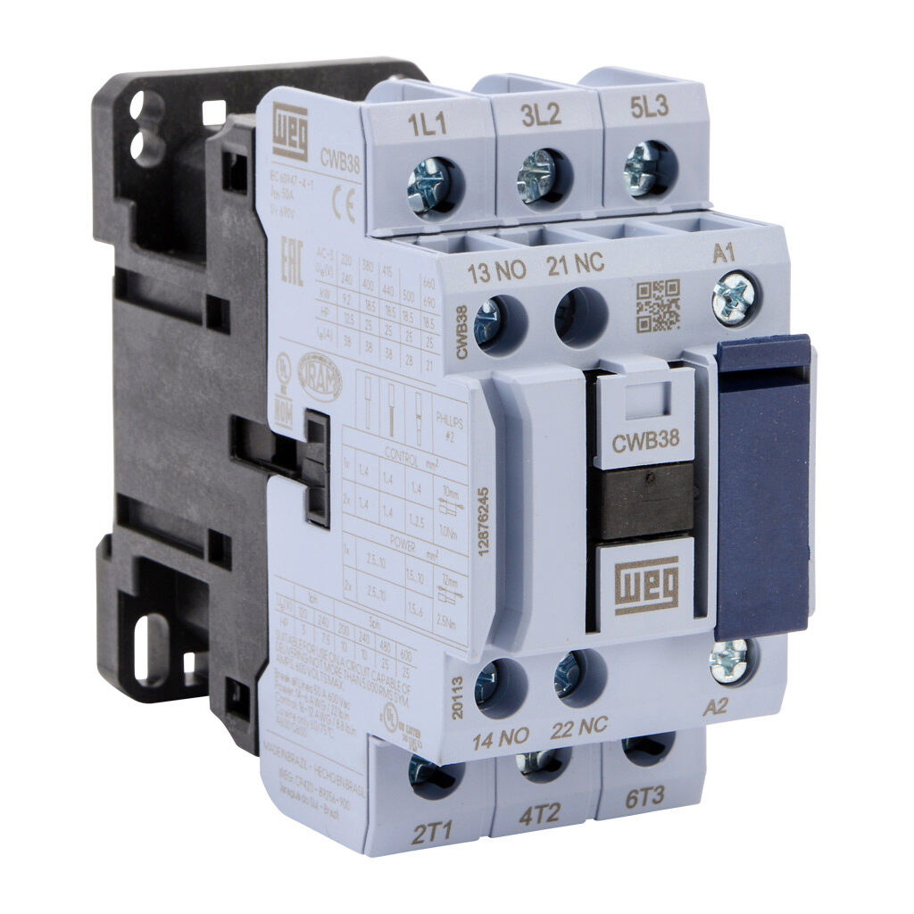 CWB38-11-30D39 - WEG Electric CWB series IEC contactor, 38A, (3) N.O. power poles, (1) N.O./(1) N.C. auxiliary contacts, 480 VAC (50/60Hz) coil voltage.