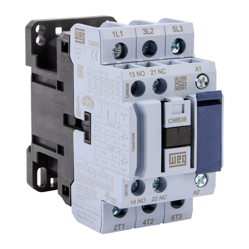 CWB38-11-30V24 - WEG Electric CWB series IEC contactor, 38A, (3) N.O. power poles, (1) N.O./(1) N.C. auxiliary contacts, 208-240 VAC (60Hz)/180-208 VAC (50Hz) coil voltage.