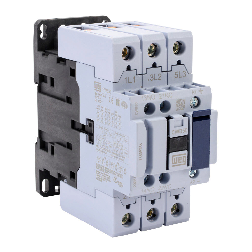 CWB50-11-30C03 - WEG Electric CWB series IEC contactor, 50A, (3) N.O. power poles, (1) N.O./(1) N.C. auxiliary contacts, 24 VDC coil voltage.