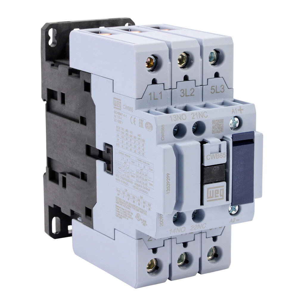 CWB65-11-30C03 - WEG Electric CWB series IEC contactor, 65A, (3) N.O. power poles, (1) N.O./(1) N.C. auxiliary contacts, 24 VDC coil voltage.