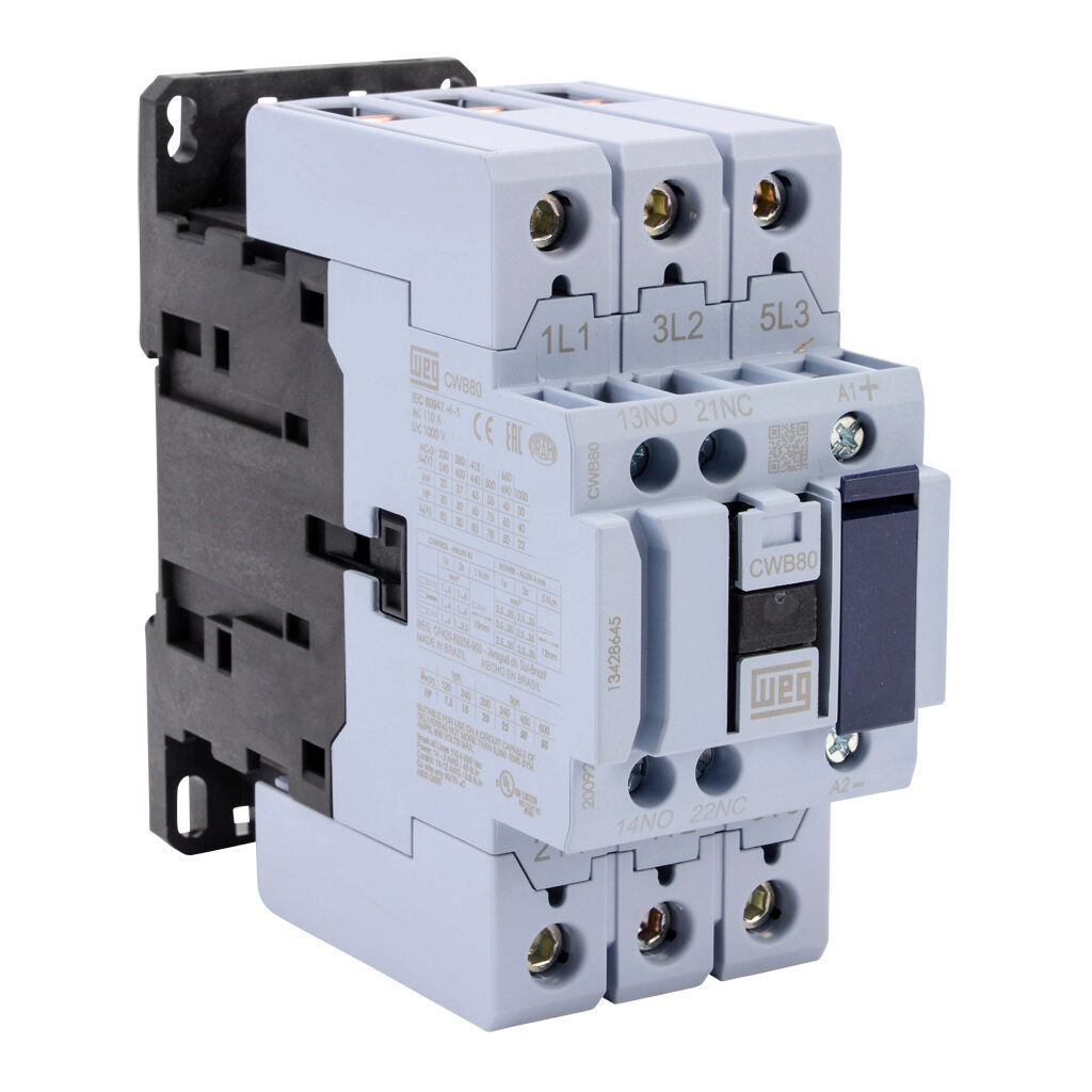 CWB80-11-30C03 - WEG Electric CWB series IEC contactor, 80A, (3) N.O. power poles, (1) N.O./(1) N.C. auxiliary contacts, 24 VDC coil voltage.