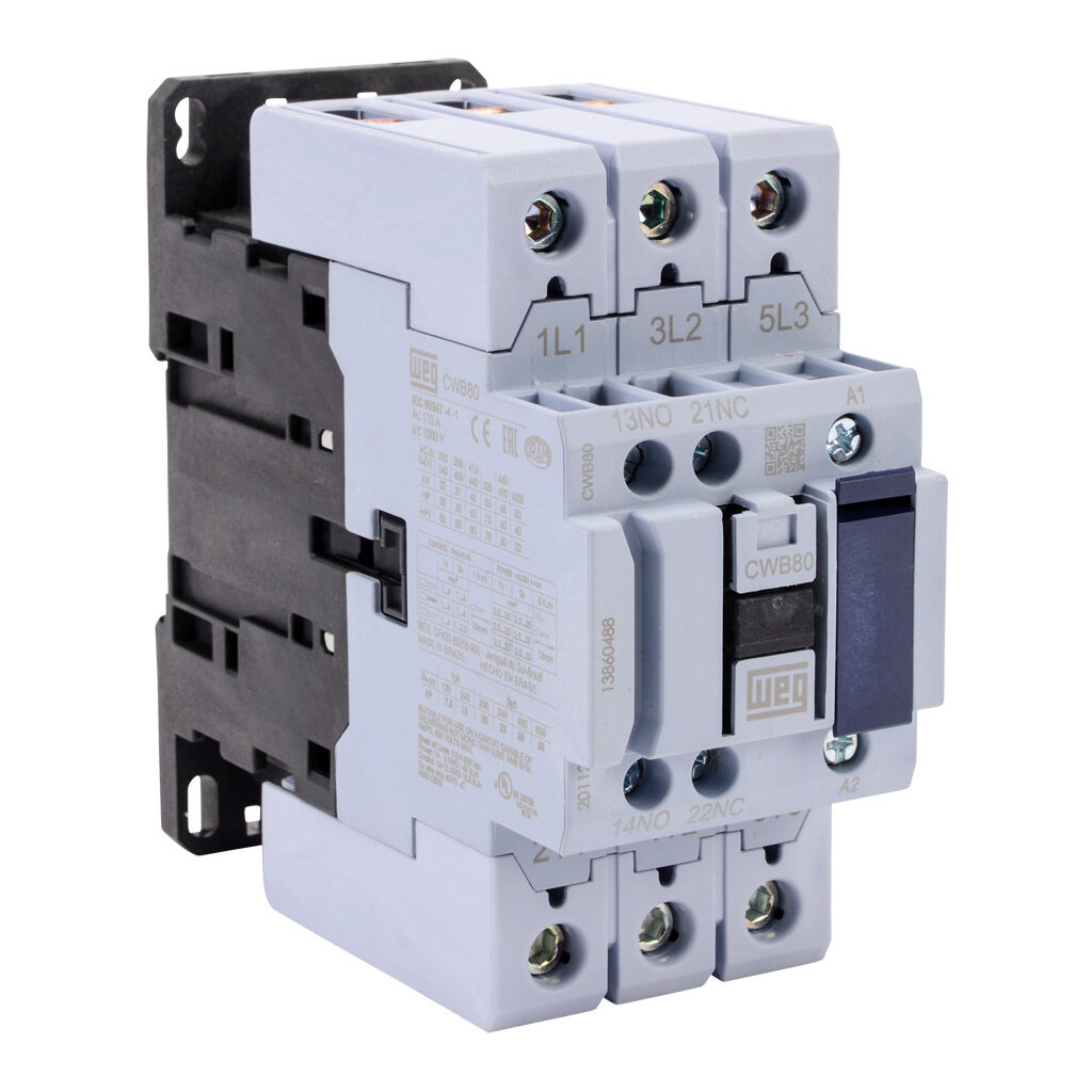 CWB80-11-30D39 - WEG Electric CWB series IEC contactor, 80A, (3) N.O. power poles, (1) N.O./(1) N.C. auxiliary contacts, 480 VAC (50/60Hz) coil voltage.